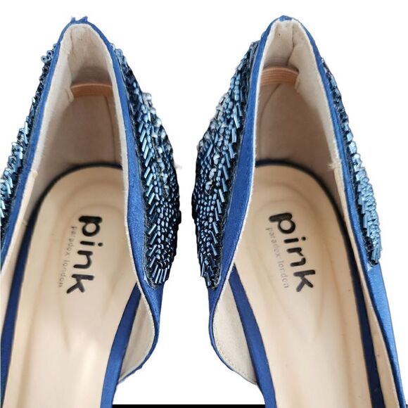 Paradox London Pink Blue Satin Embellished Beaded Peep Toe Heels - Picture 4 of 10